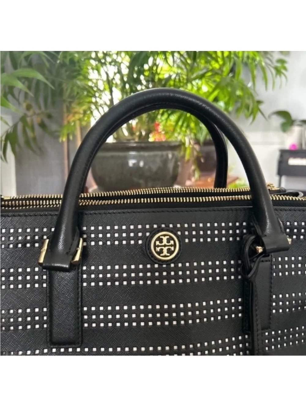 Tory Burch Black Perforated Leather Tote with Gold Logo